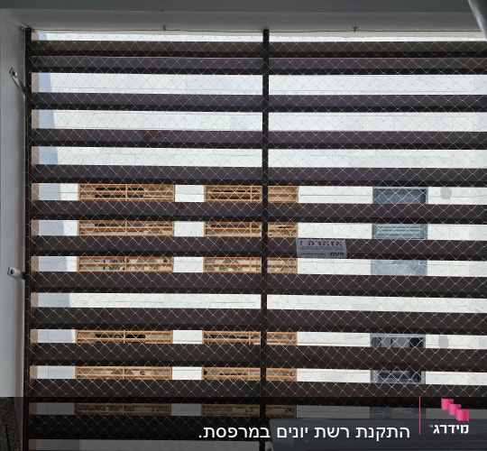 רשת מתכת מותקנת על חלון למניעת כניסת יונים